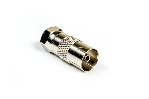 Przejściówka z wtyku F na złącze antenowe TV (gniazdo).